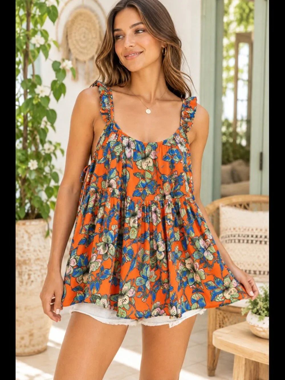 Free People Floral Babydoll Swing Tunic Top Side Tie Lined Boho